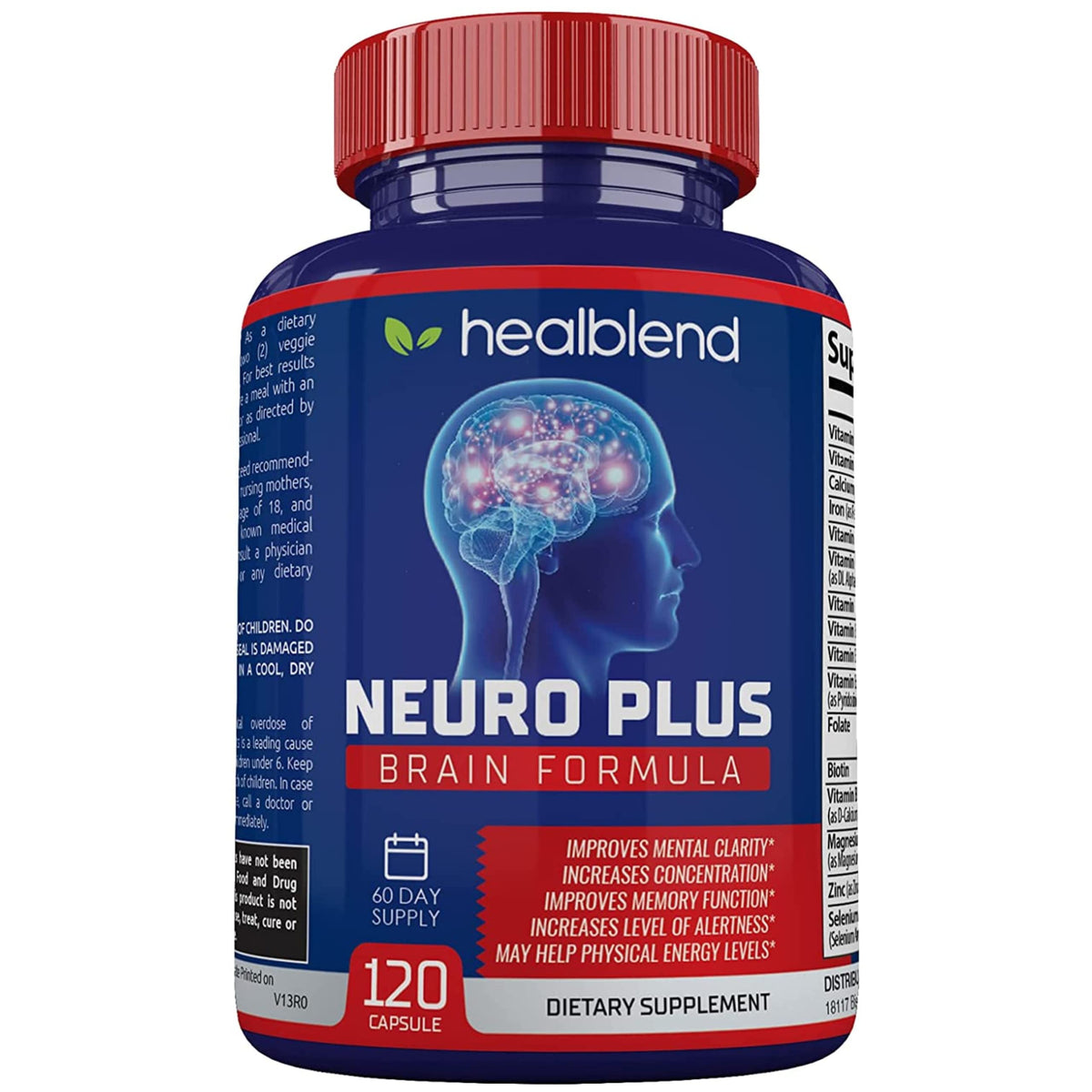 Front view of Neuro Plus bottle with label showing 120 capsules