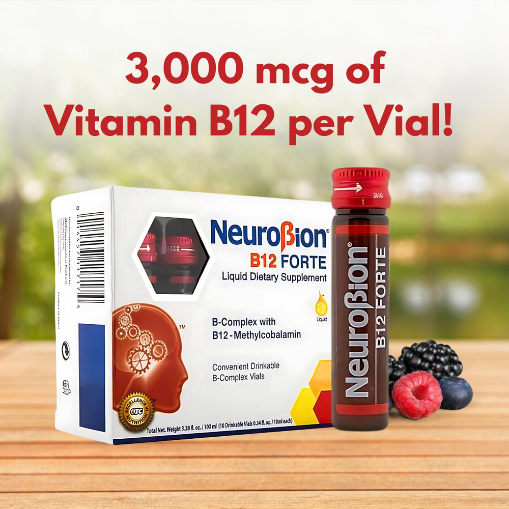 Lineup of 10 ml Neurobion B12 Forte vials