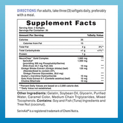 Close-up of NeuroClear Gold Plus ingredients showing phosphatidylserine, DHA, and Ginkgo Biloba