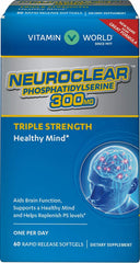 Bottle of Vitamin World NeuroClear Phosphatidylserine 300 mg with 60 rapid-release gluten-free softgels