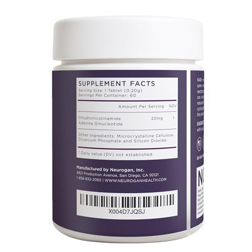 Neurogan NADH tablets 20mg serving label highlights potency and clarity.