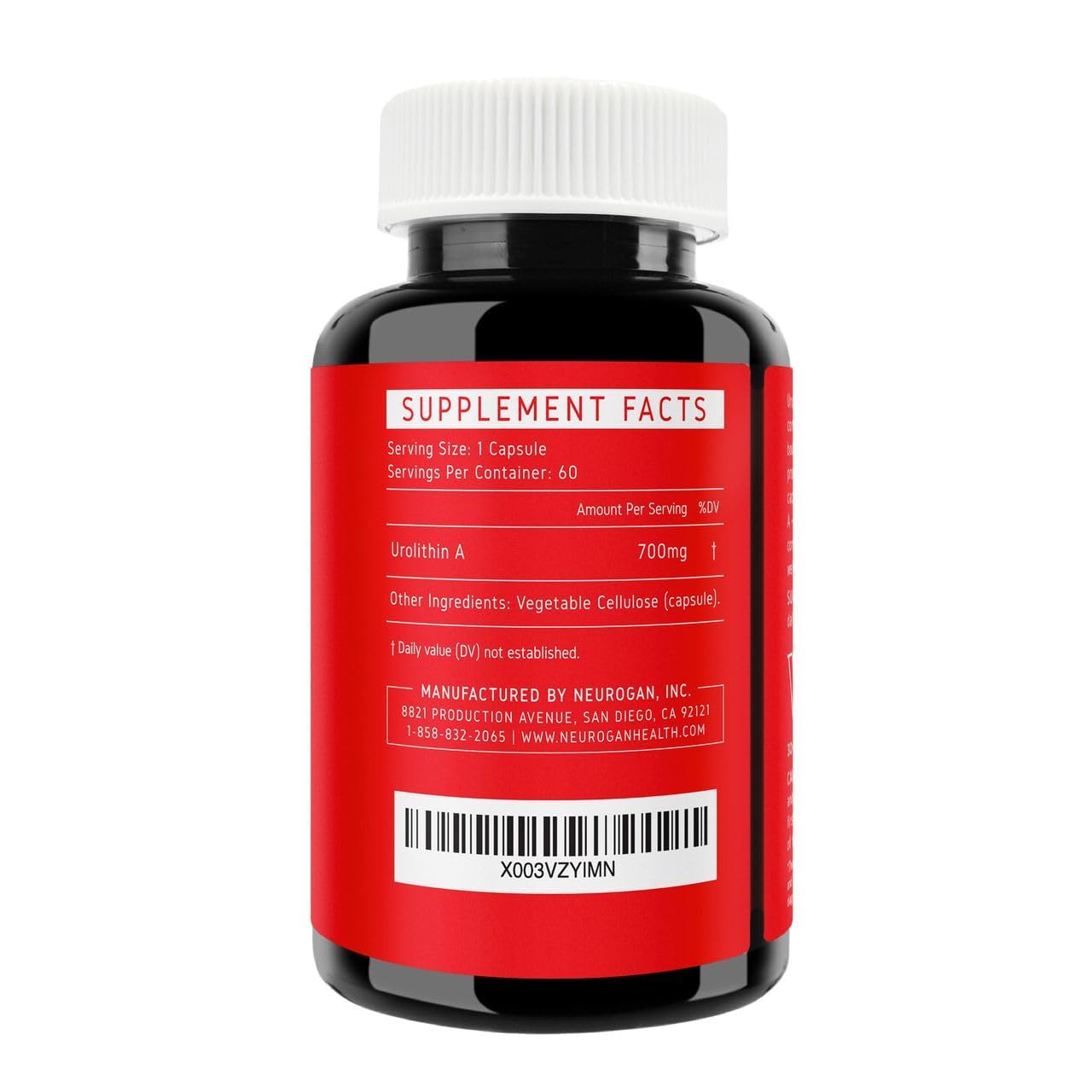 Back label on Neurogan Urolithin A 700mg capsules bottle