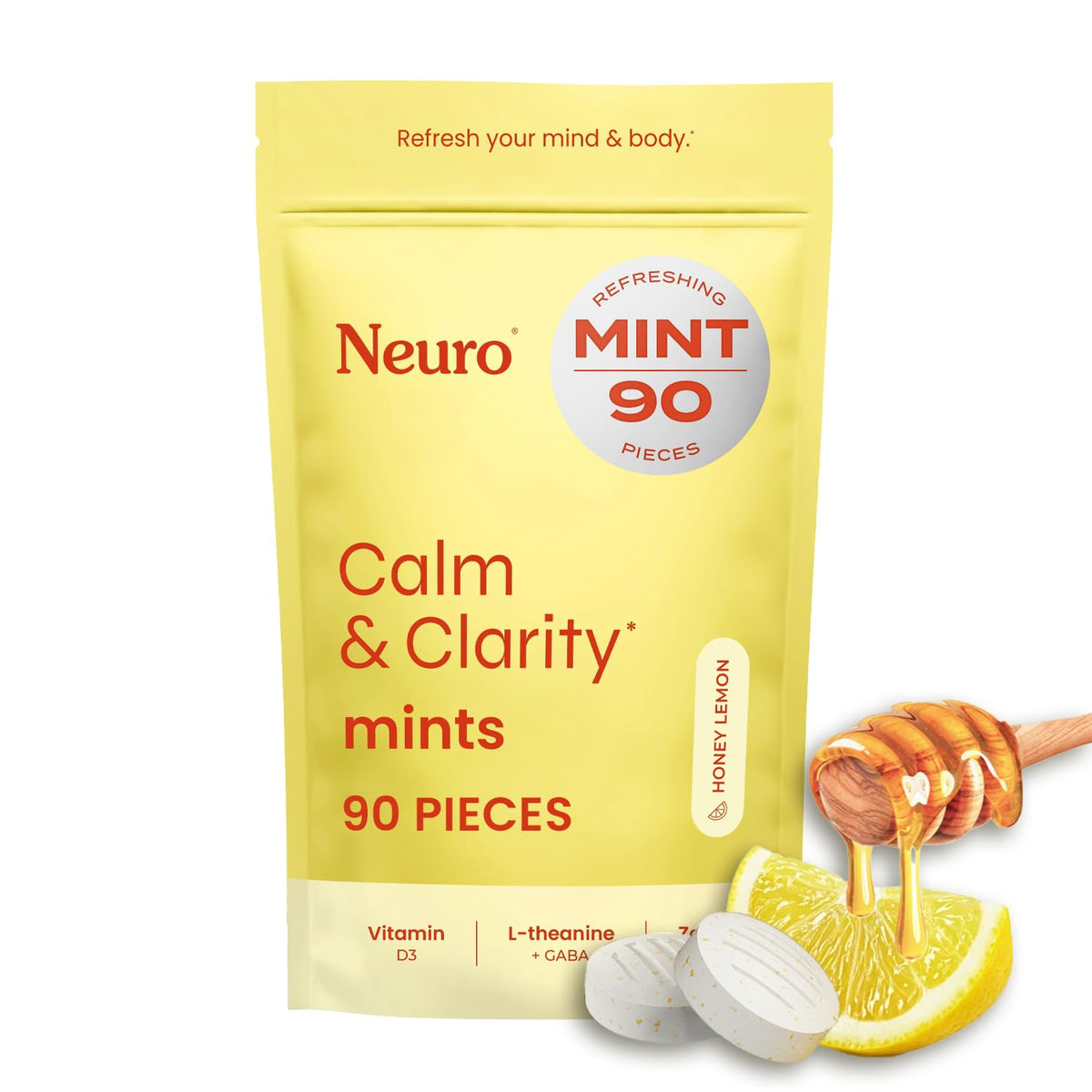 Front packaging of NeuroGum Calm & Clarity Mints Honey Lemon
