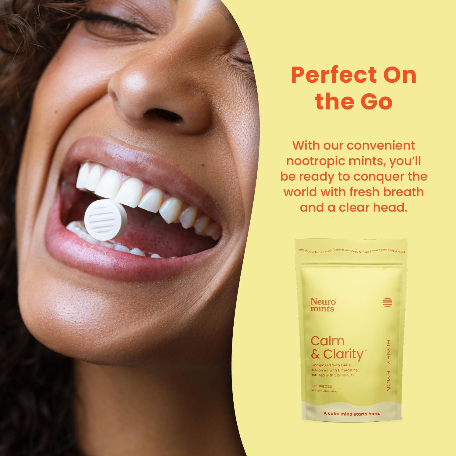 Lifestyle shot showing NeuroGum Calm & Clarity Mints in a pocket-sized form