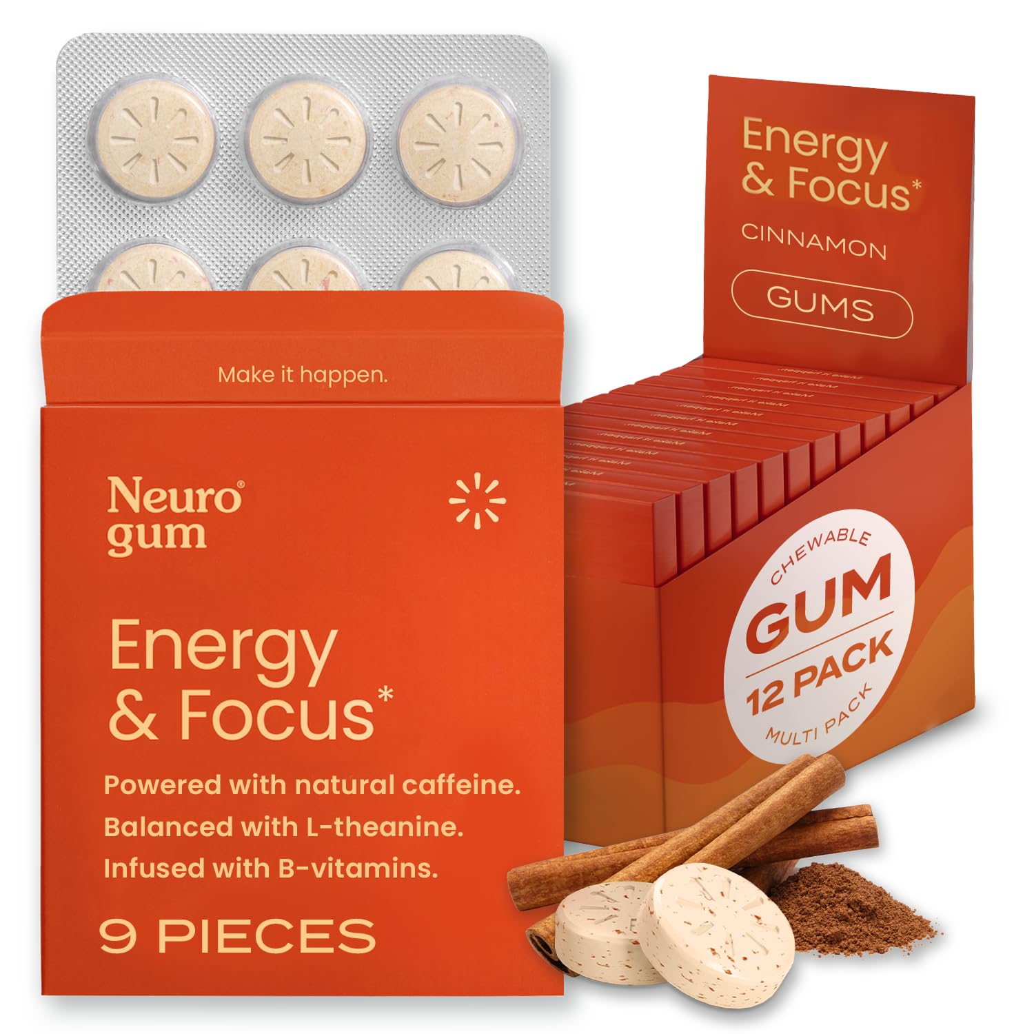 NeuroGum Energy & Focus Cinnamon 12-pack box for on-the-go focus and sustained energy