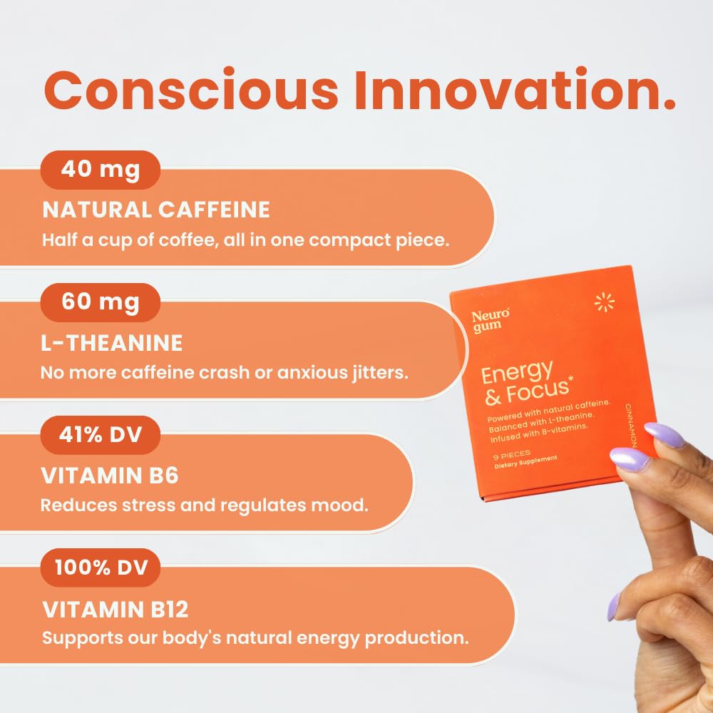 NeuroGum Energy & Focus Cinnamon label detail emphasizes B-vitamins for daily energy