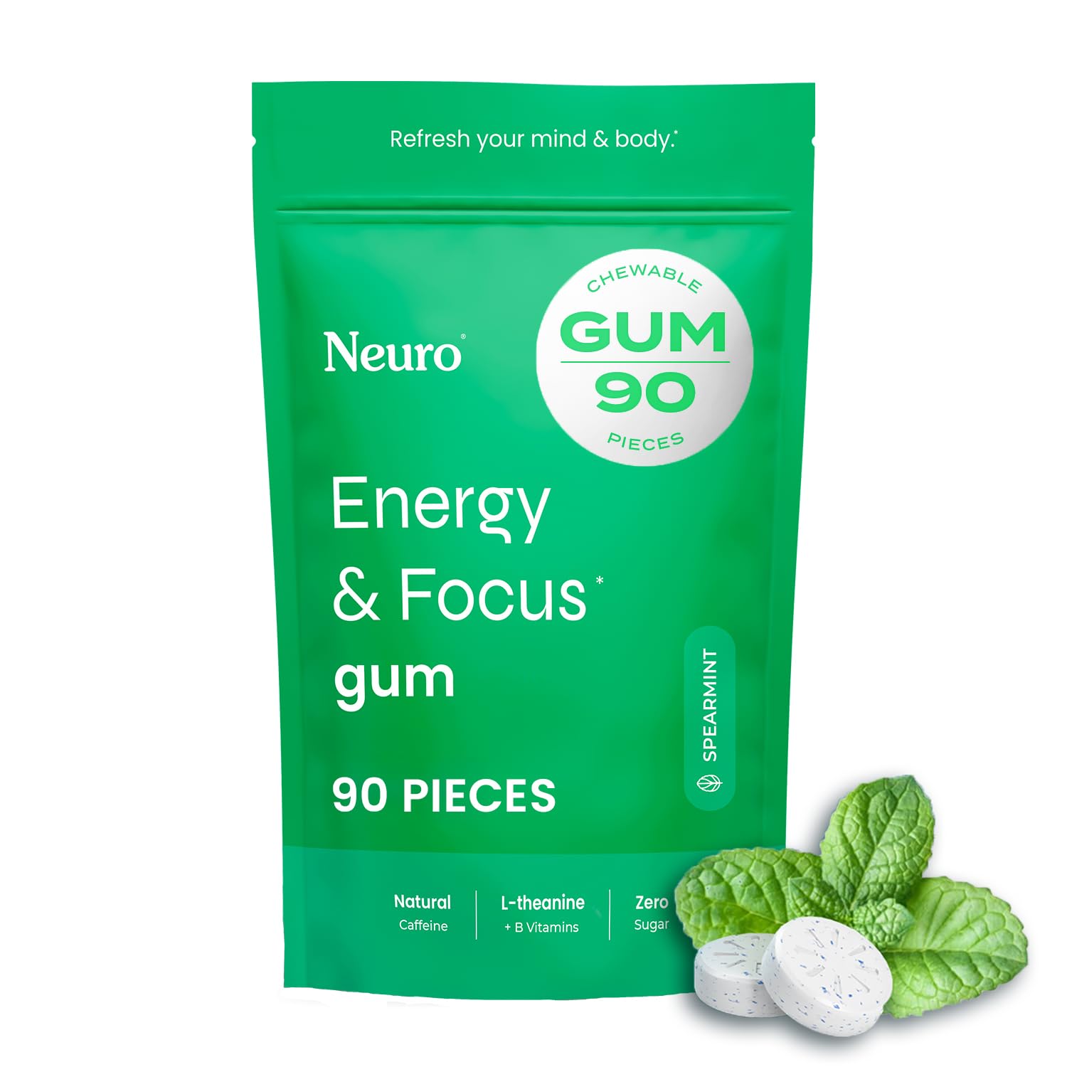 Front view of NeuroGum Energy & Focus Gum 90-count Spearmint package