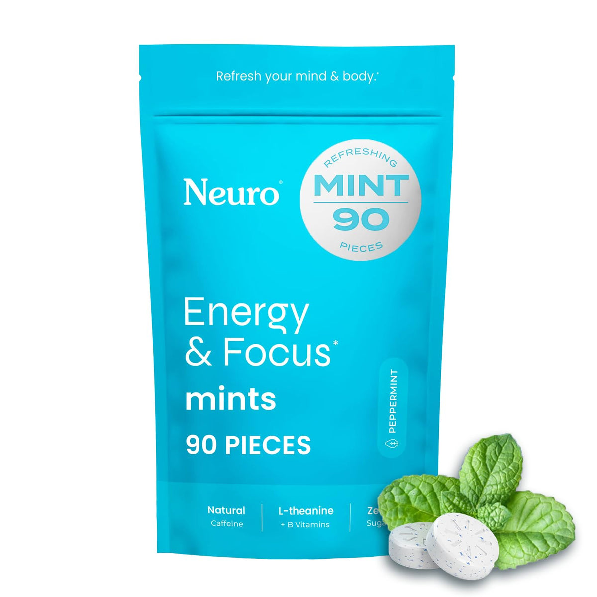 Front view of NeuroGum Energy & Focus Mints Peppermint 90-count bag