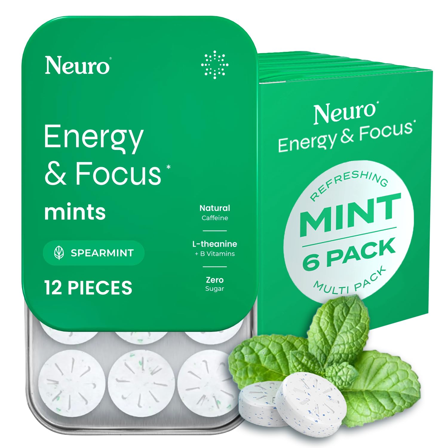 Front view of NeuroGum Energy & Focus Mints Spearmint 72 pieces