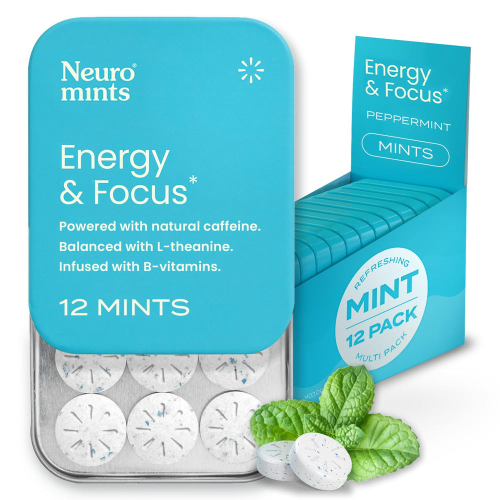 NeuroGum Energy Mints packaged box highlights portable focus for travel and daily routines