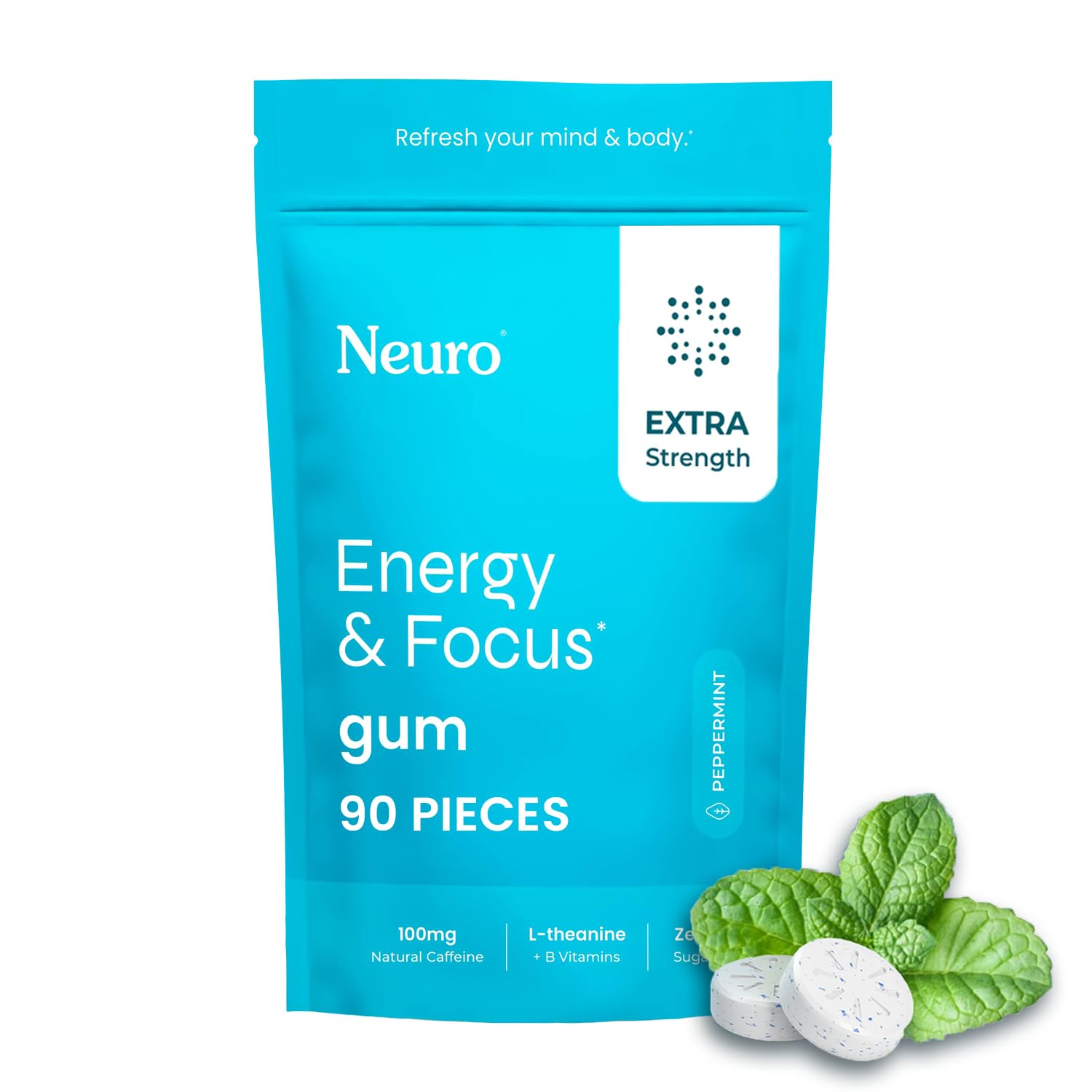 Front packaging of NeuroGum Extra Strength Energy & Focus Peppermint 90 Count