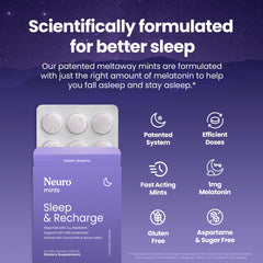 Packaging and bottle of NeuroGum Sleep & Recharge Meltaway Mints