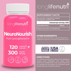 Close-up of Centrophenoxine 300mg label showing DMAE and pCPA