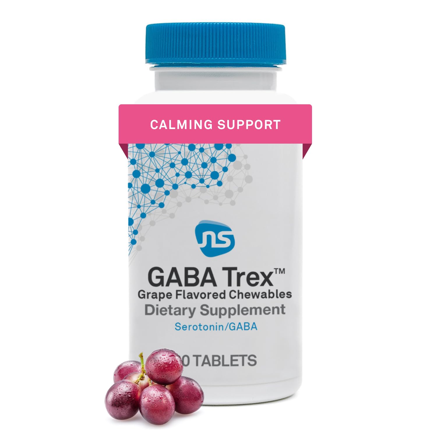 Front view of NeuroScience GABA Trex L-Theanine chewable tablets bottle.