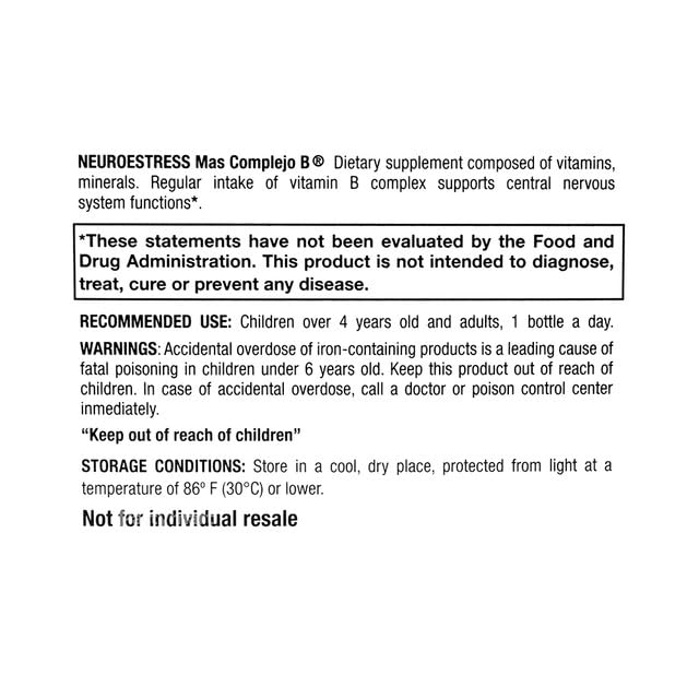 Ingredients panel of NEUROESTRESS Plus B Complex