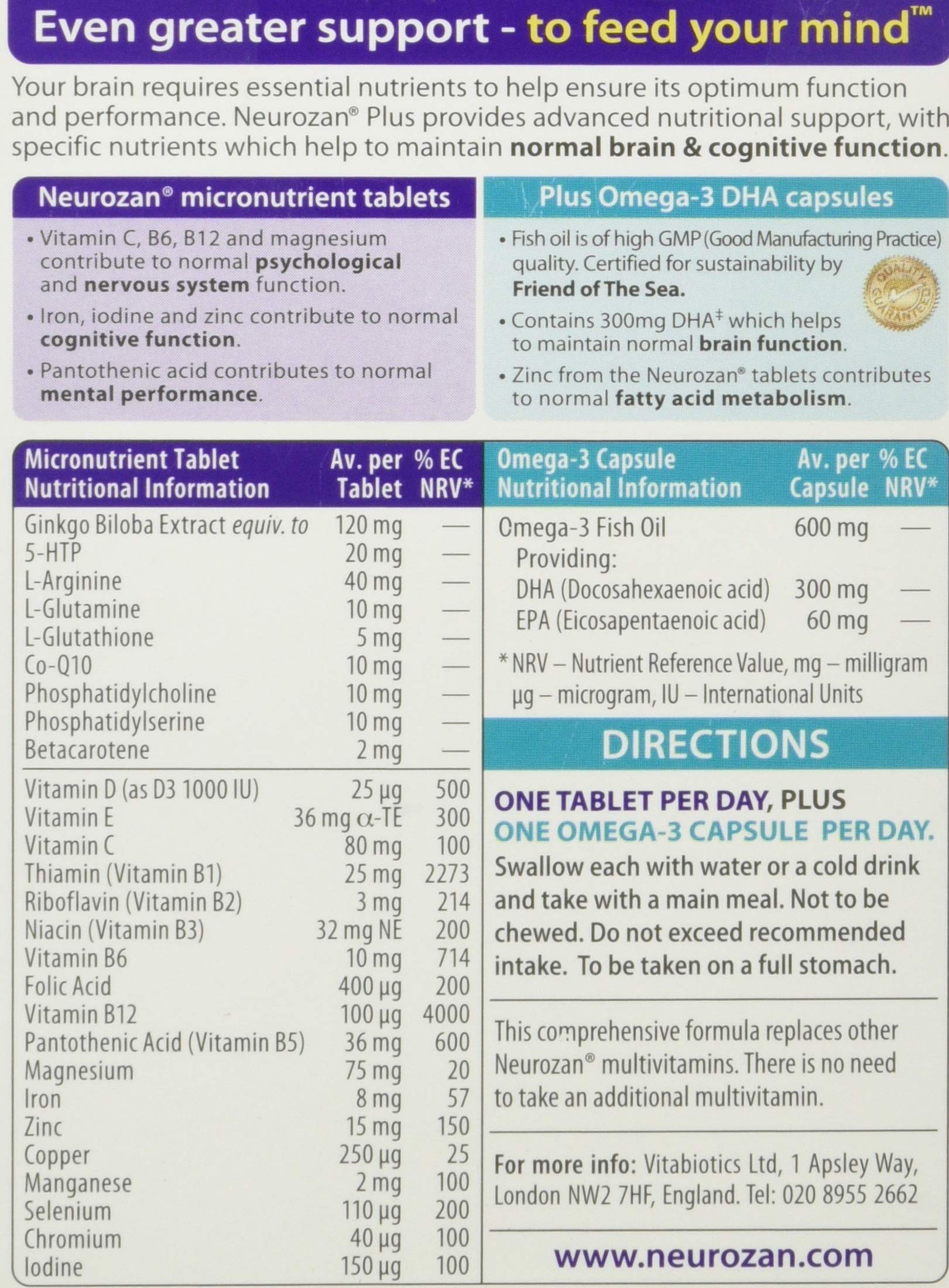 Close-up of Neurozan Plus capsules showing omega-3 content