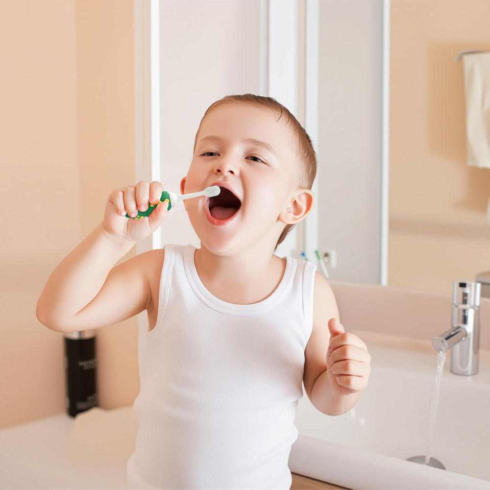 Child brushing teeth with Neverfade dinosaur toothbrush on bathroom counter