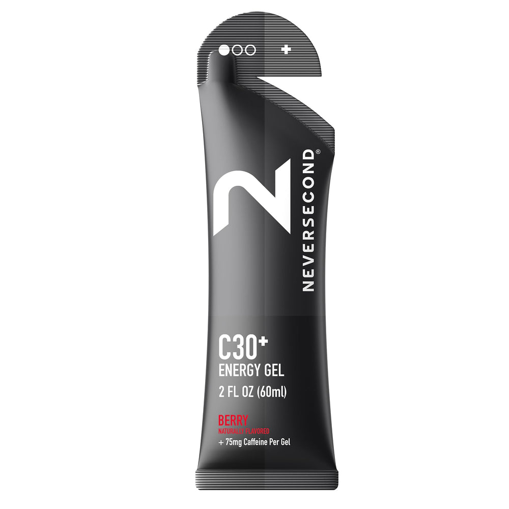 NeverSecond C30+ Berry gel packet showing berry flavor for quick fueling during workouts.