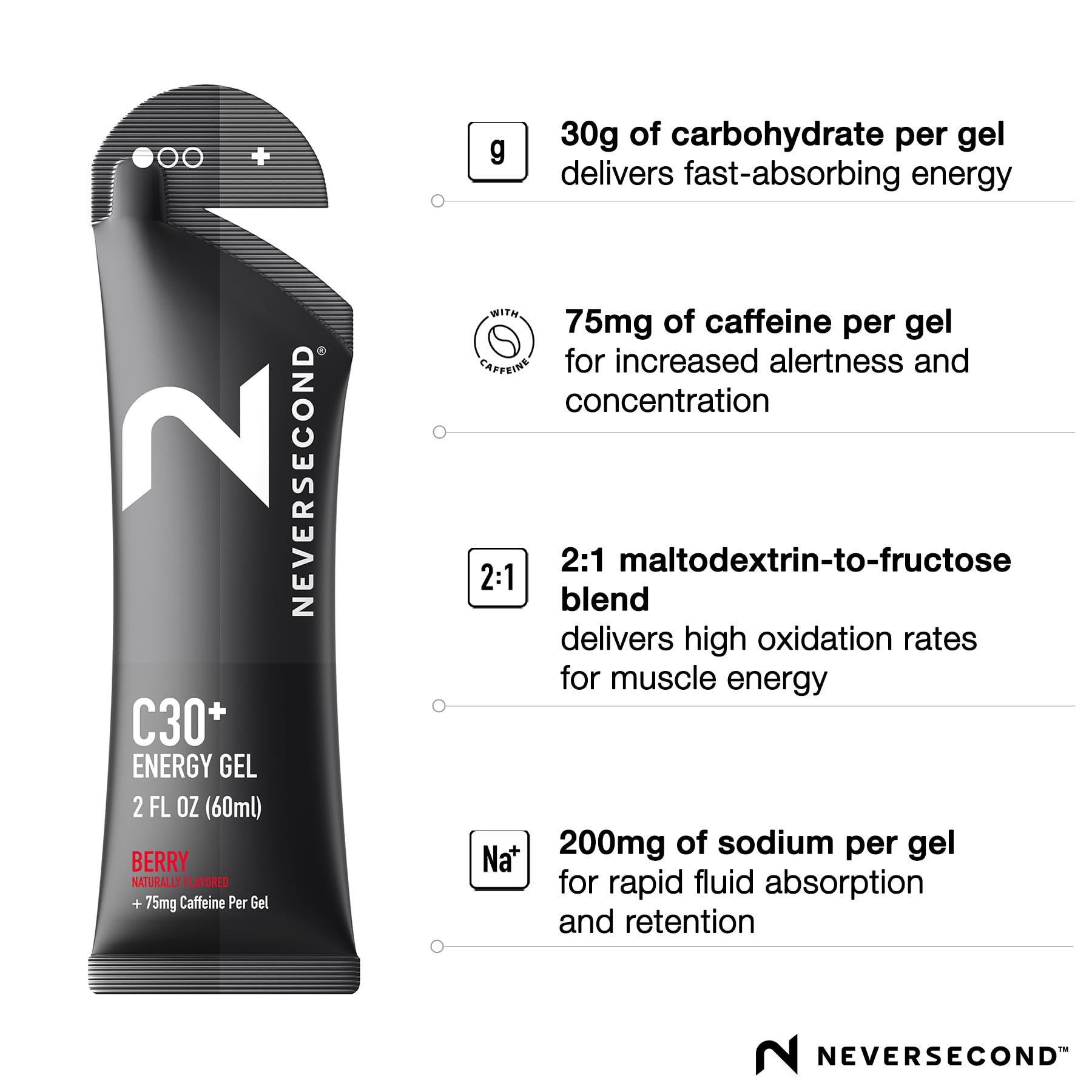 NeverSecond C30+ energy gel with caffeine boosts alertness during endurance training.
