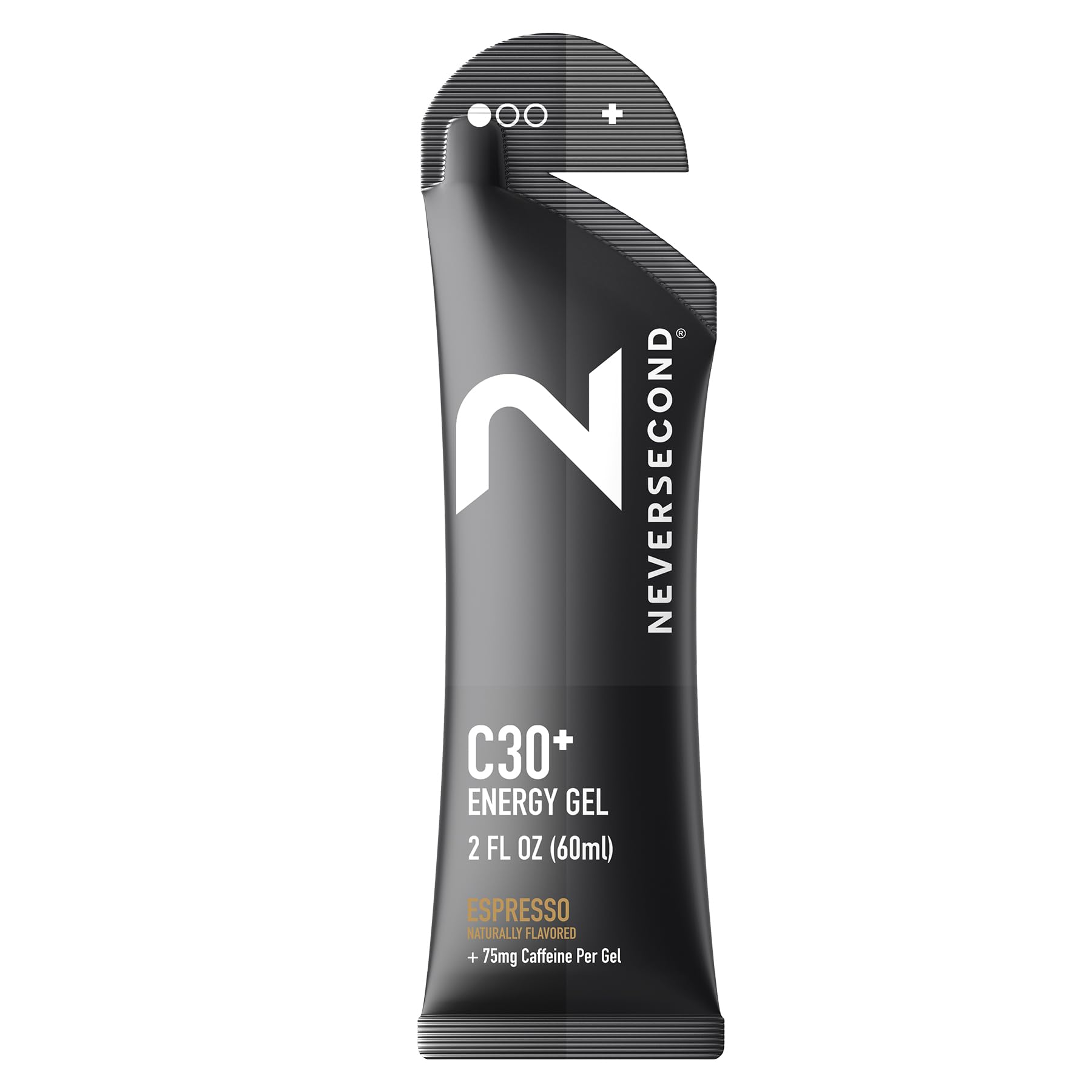 NeverSecond C30+ Espresso gel pack closeup showcases fast energy delivery during workouts.