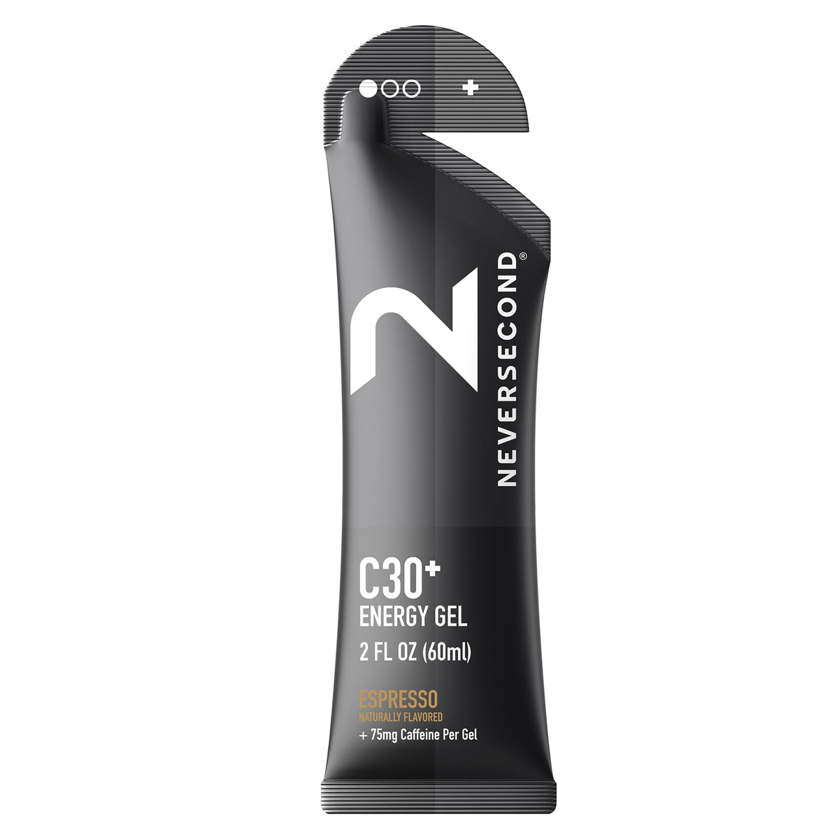 NeverSecond C30+ Espresso gel pack closeup showcases fast energy delivery during workouts.