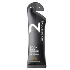 NeverSecond C30+ Espresso gel pack closeup showcases fast energy delivery during workouts.