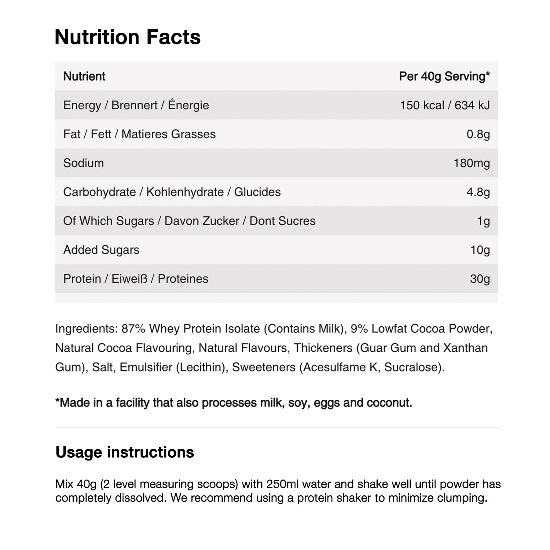 NeverSecond P30 Recovery Drink Mix chocolate ingredients close-up with whey protein and amino acids