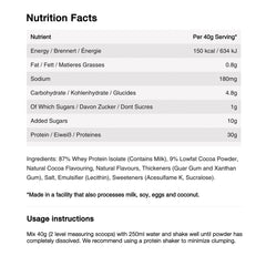NeverSecond P30 Recovery Drink Mix chocolate ingredients close-up with whey protein and amino acids