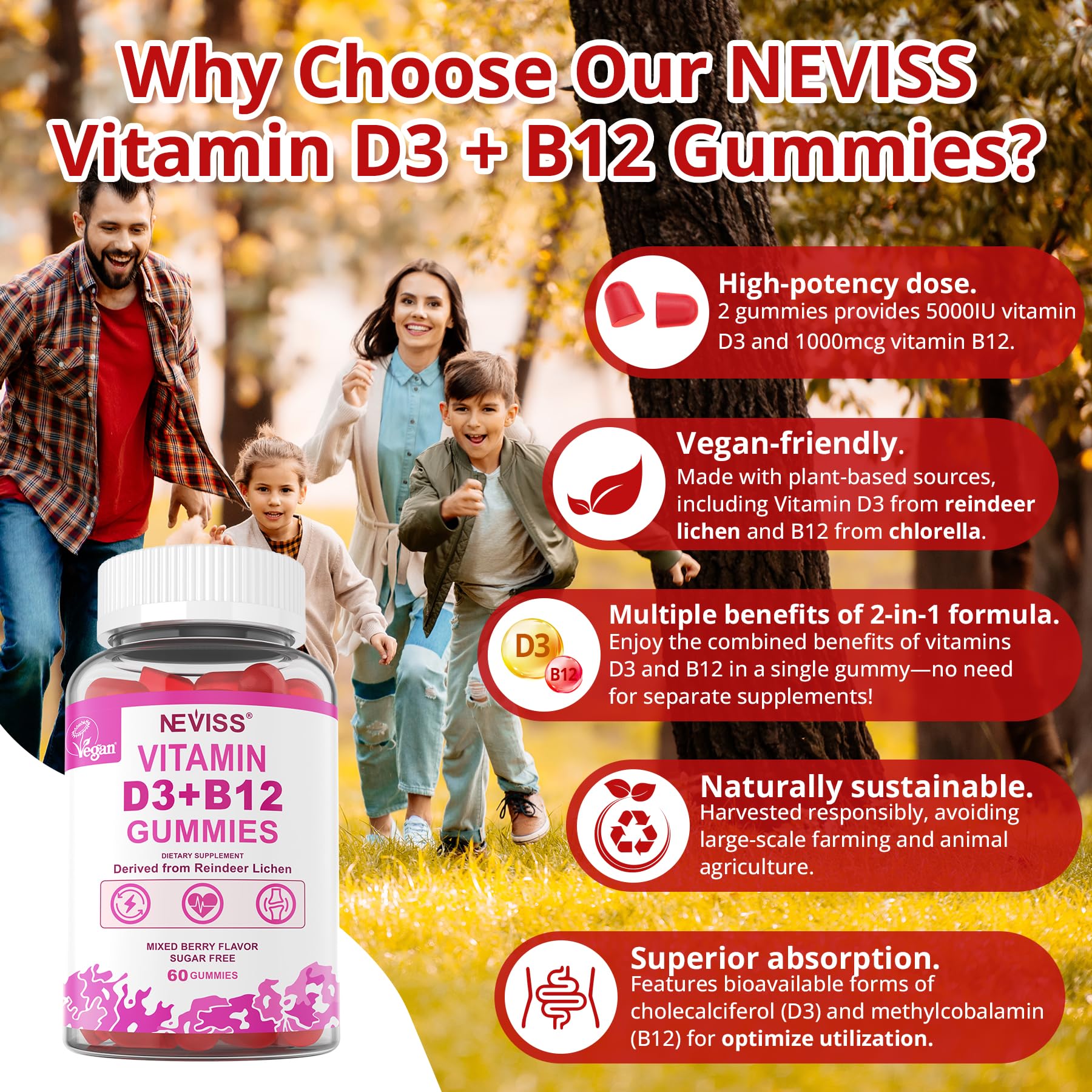 NEVISS vegan D3 + B12 gummies pack shot