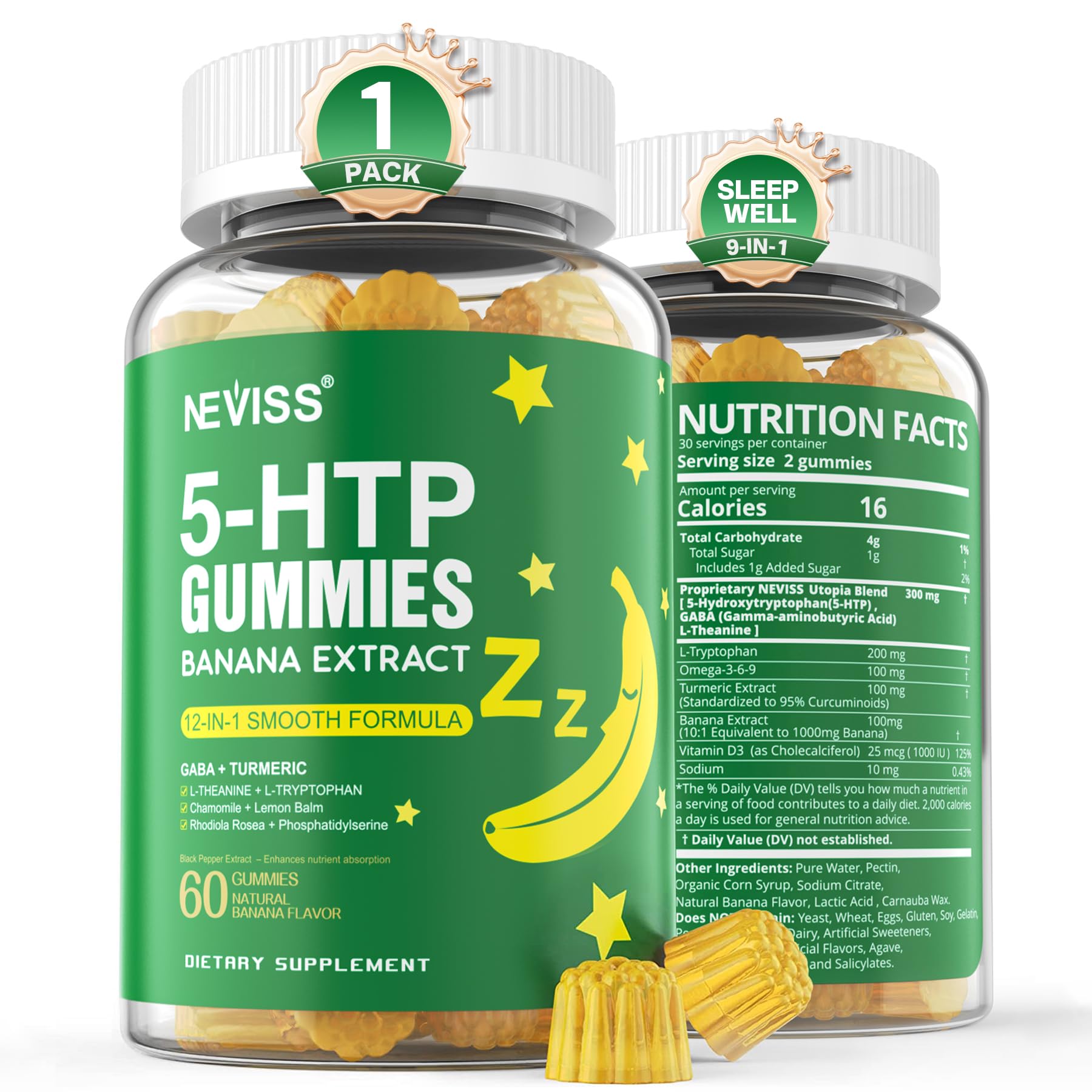 NEVISS 5-HTP Gummies + GABA bottle with banana-flavored gummies