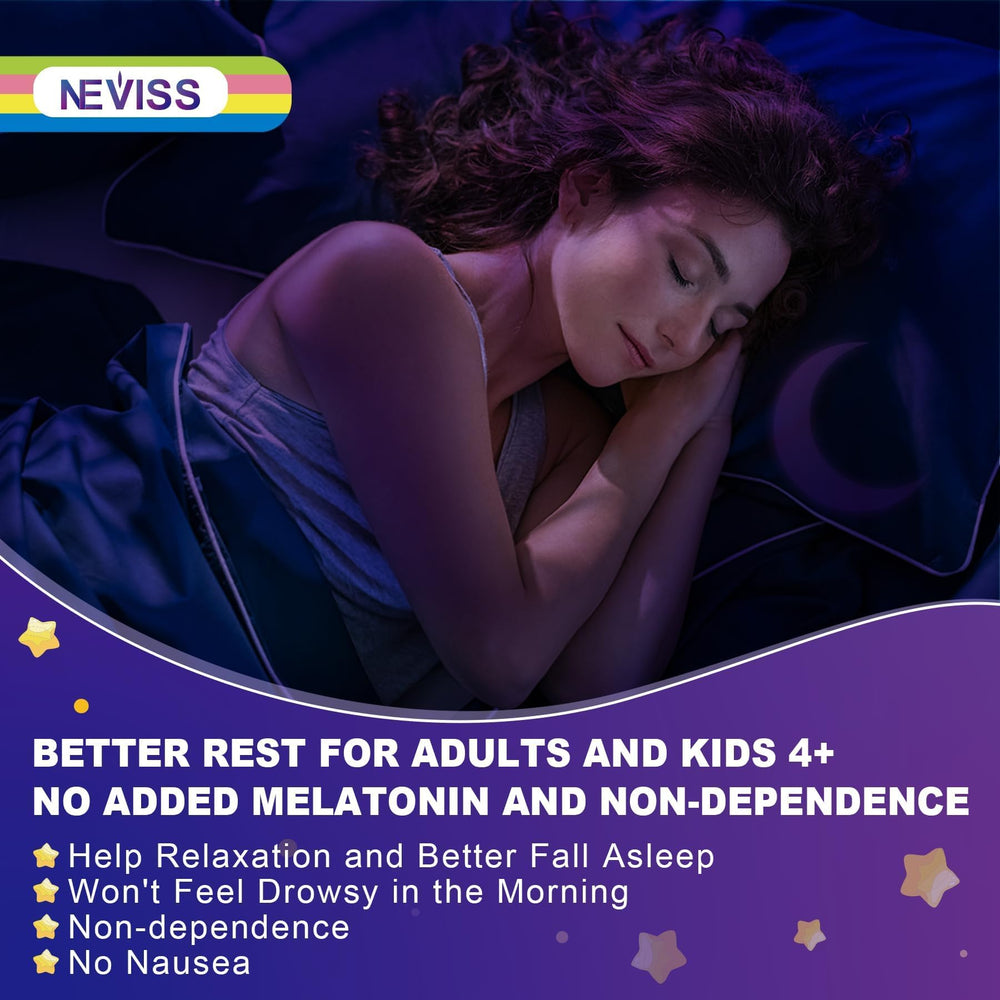 NEVISS bottle highlights ingredients like 5-HTP and L-Theanine for relaxation