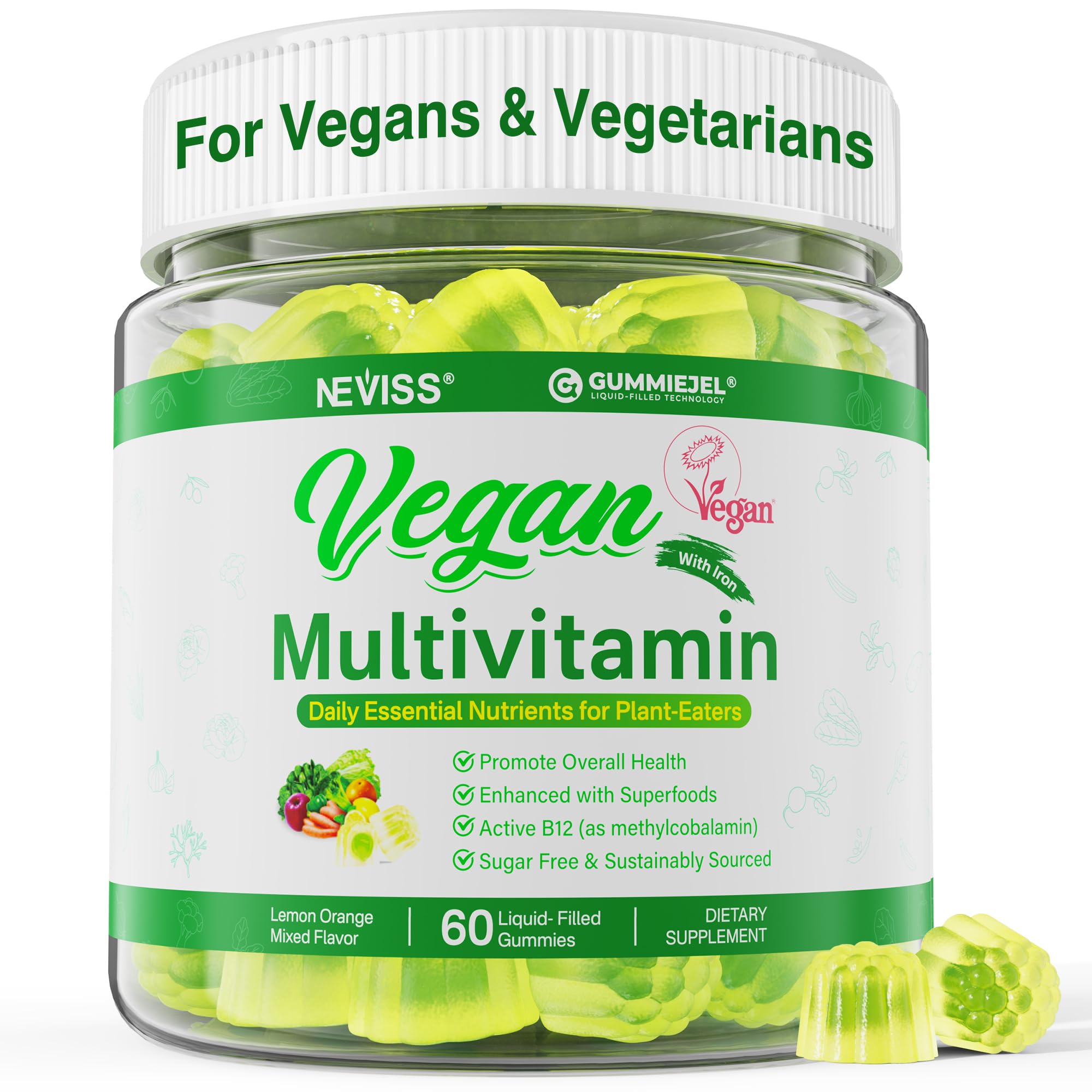 Front view of NEVISS Vegan Multivitamin bottle for women and men