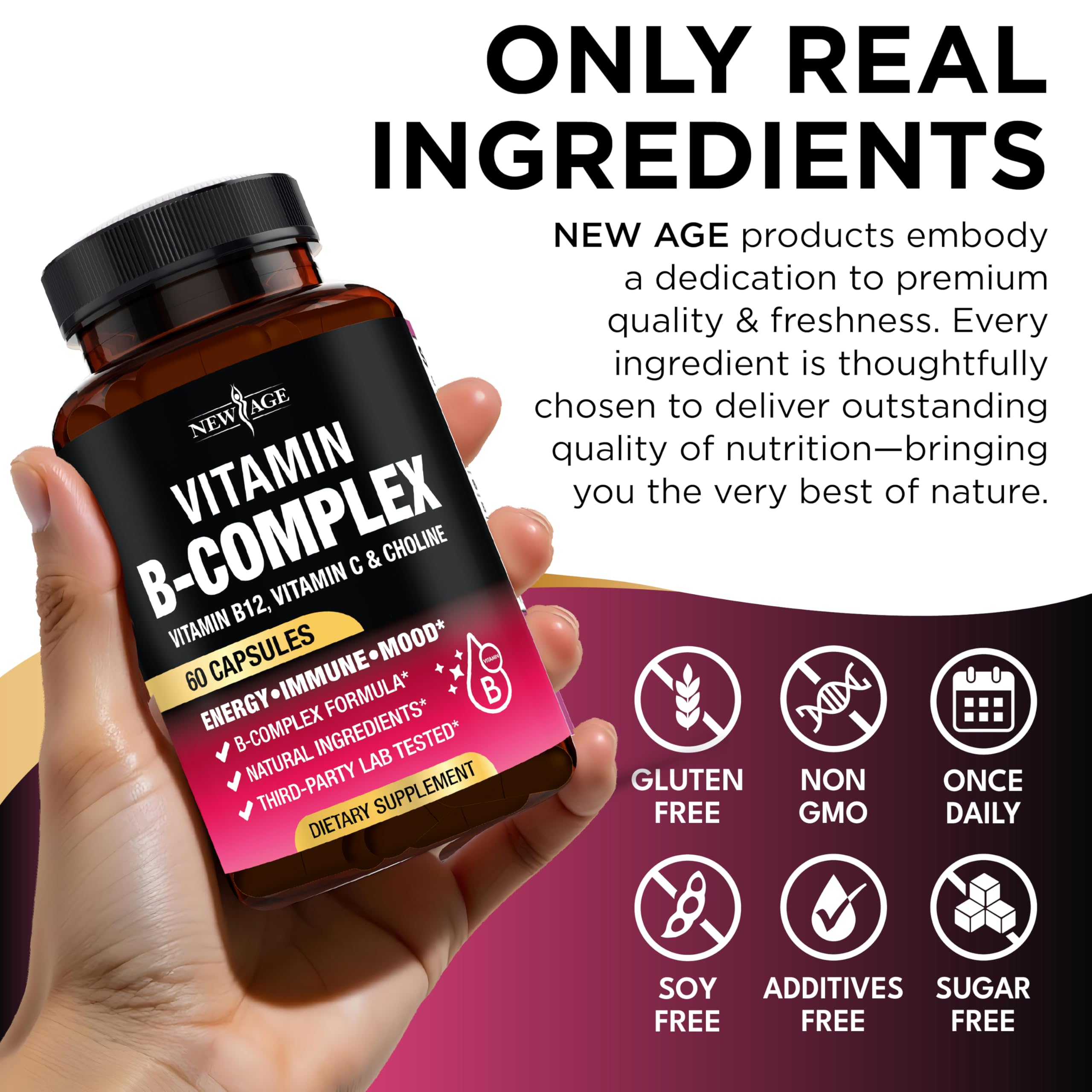 NEW AGE bottle beside healthy breakfast to show daily routine compatibility