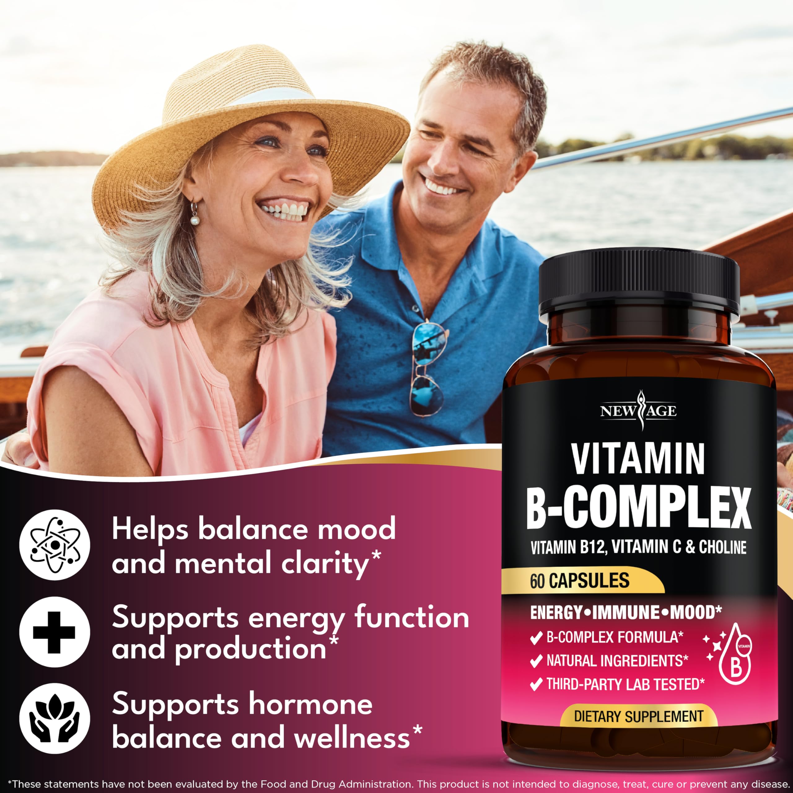 NEW AGE open bottle with capsules spilling, showing serving size and count benefit