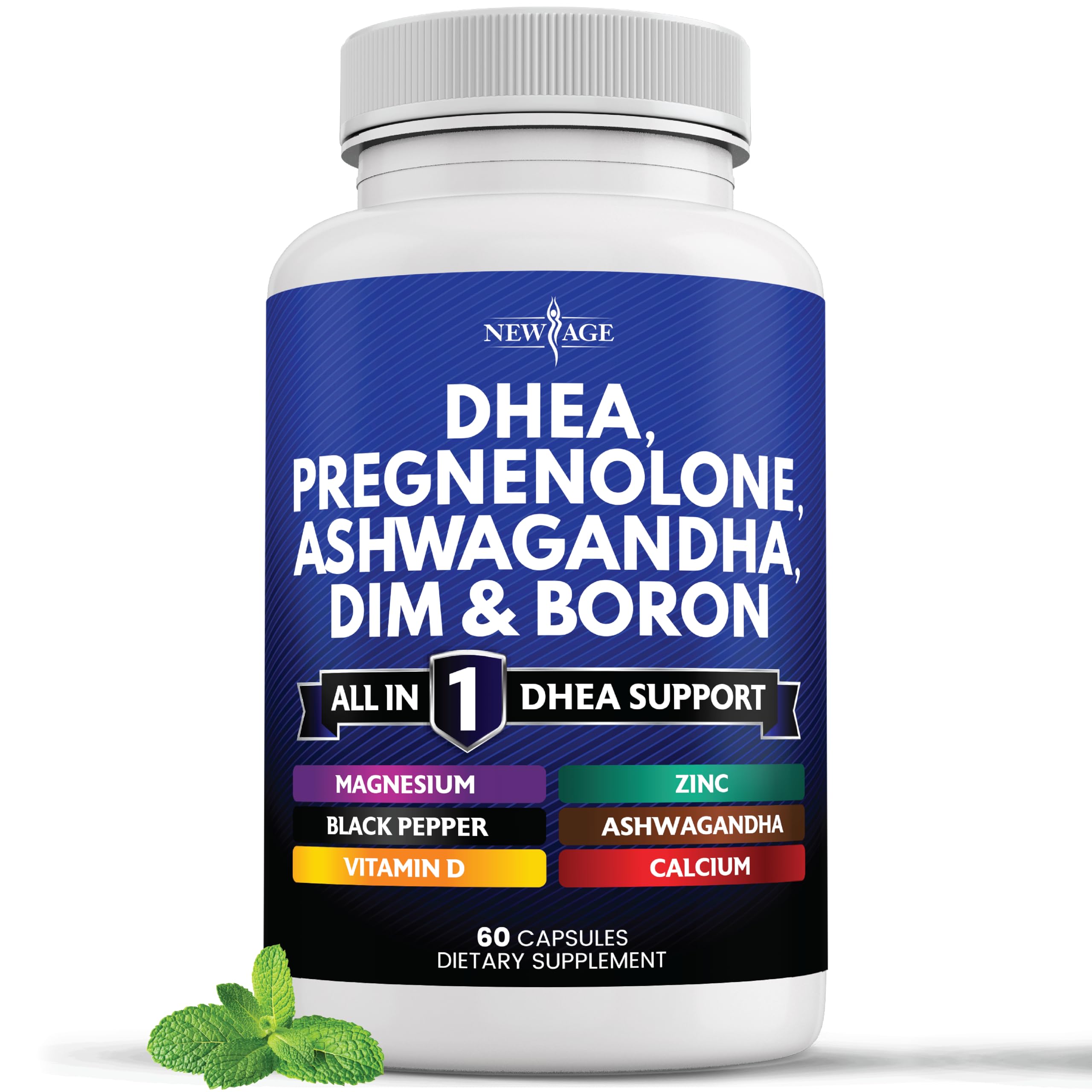 NEW AGE DHEA Supplement bottle label featuring ingredients and 60 count