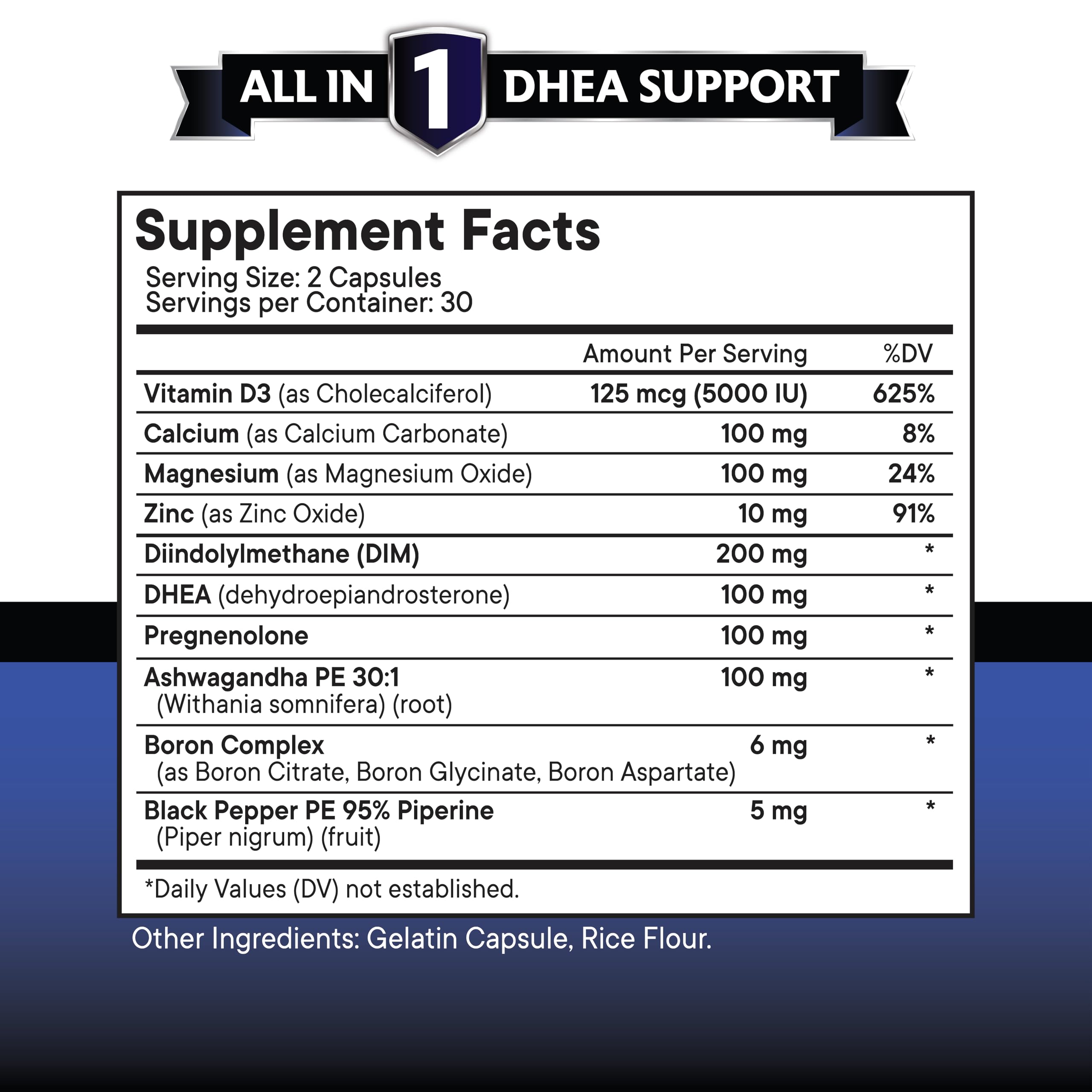 Close-up of DHEA capsules with DIM, Boron and Vitamin D3 ingredients