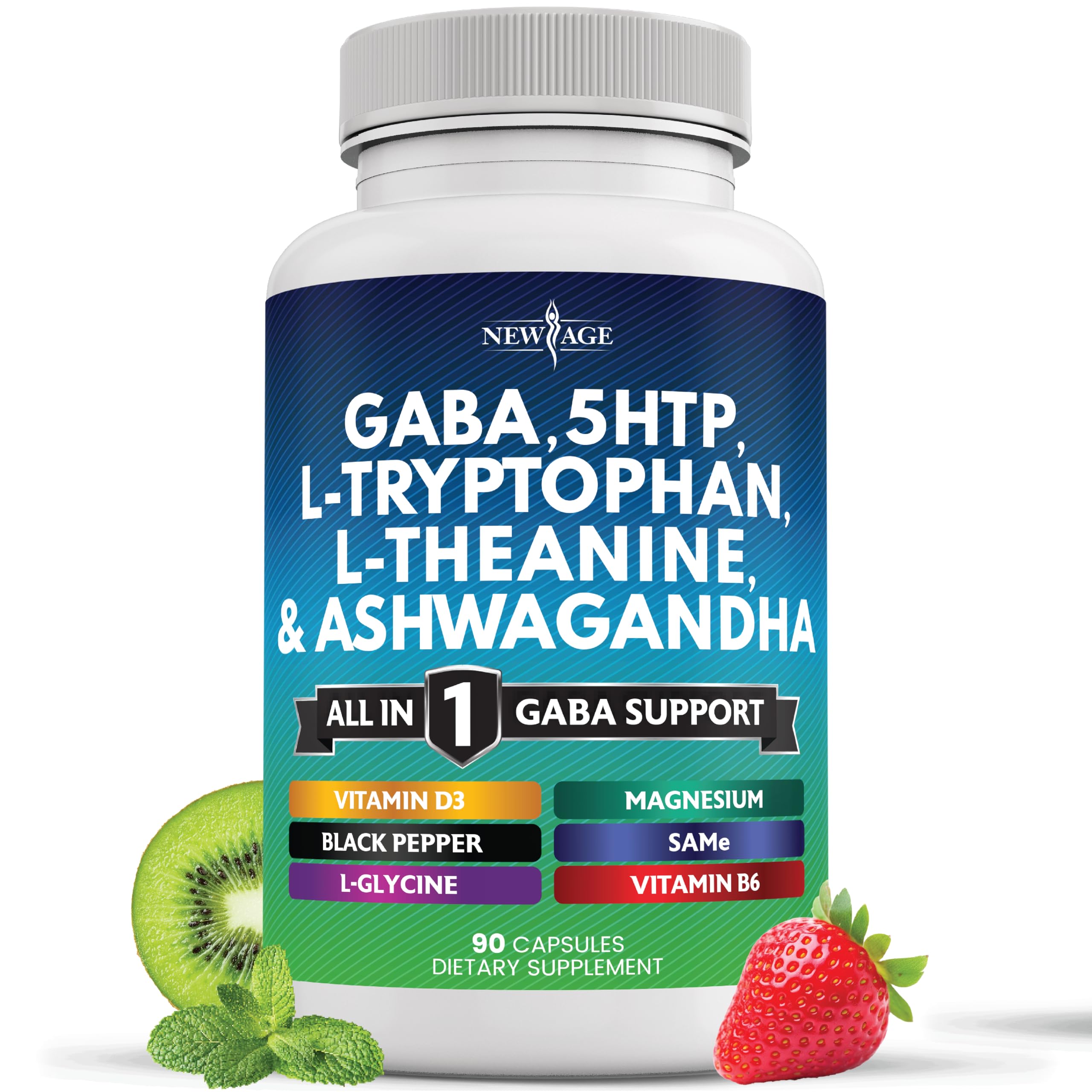 Front label of New Age GABA 750mg 90-count bottle highlighting key ingredients.
