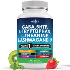 Front label of New Age GABA 750mg 90-count bottle highlighting key ingredients.