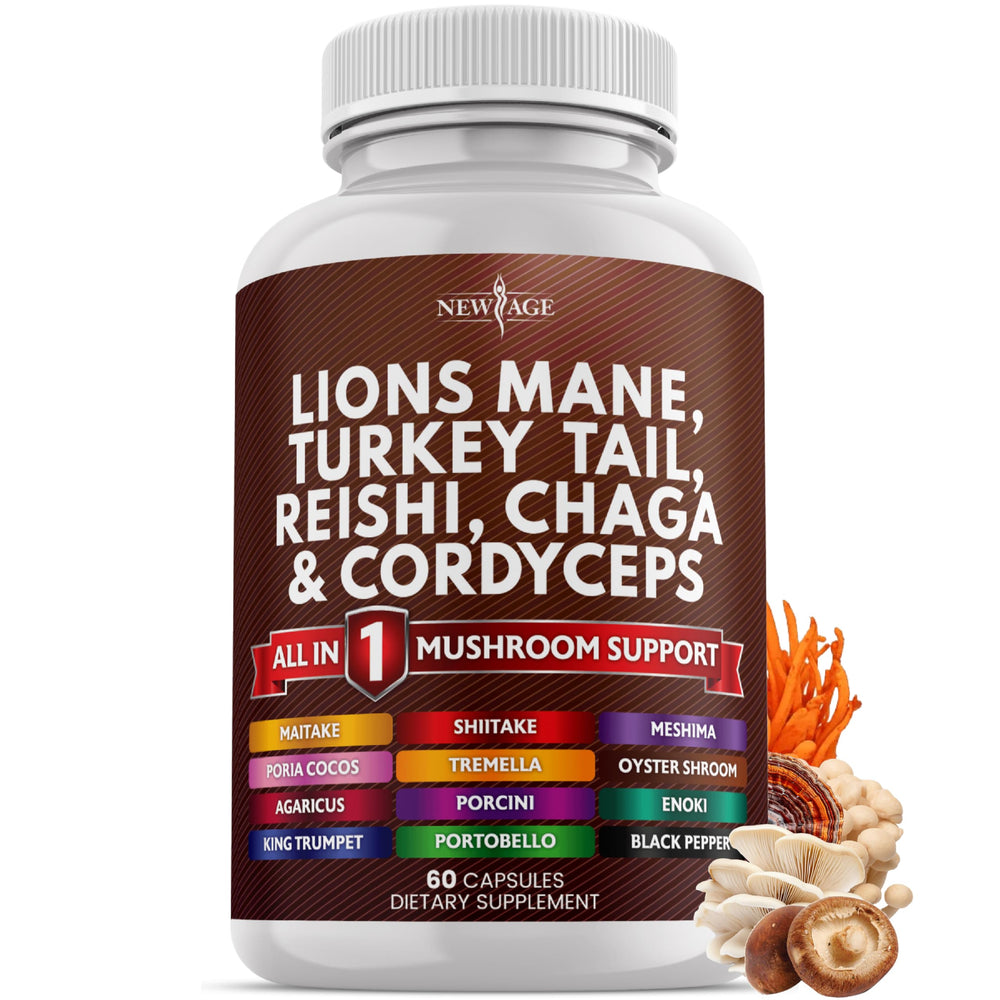 New Age 20-in-1 mushroom blend with Lion's Mane, Turkey Tail, Reishi, Chaga, Cordyceps and Marshmallow Root