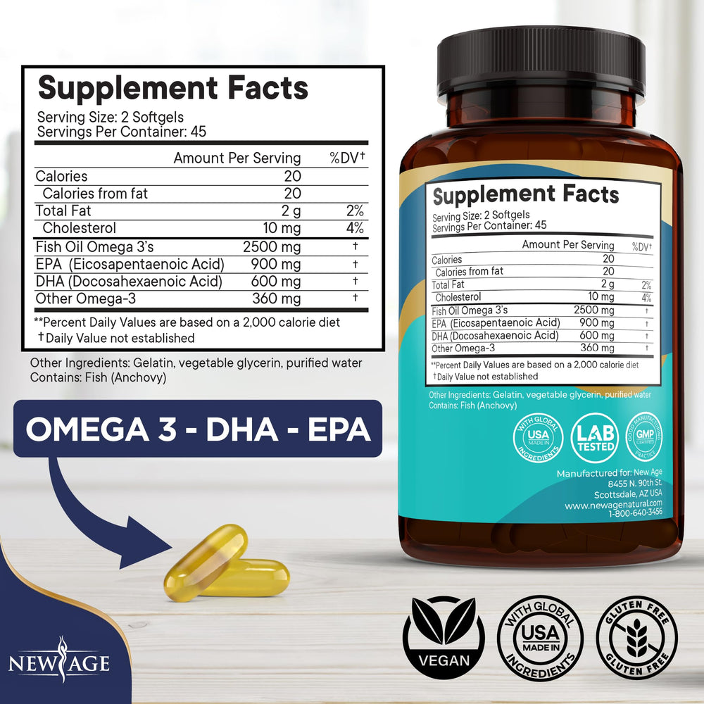 Nutrition facts highlighting 900 mg EPA and 600 mg DHA per serving