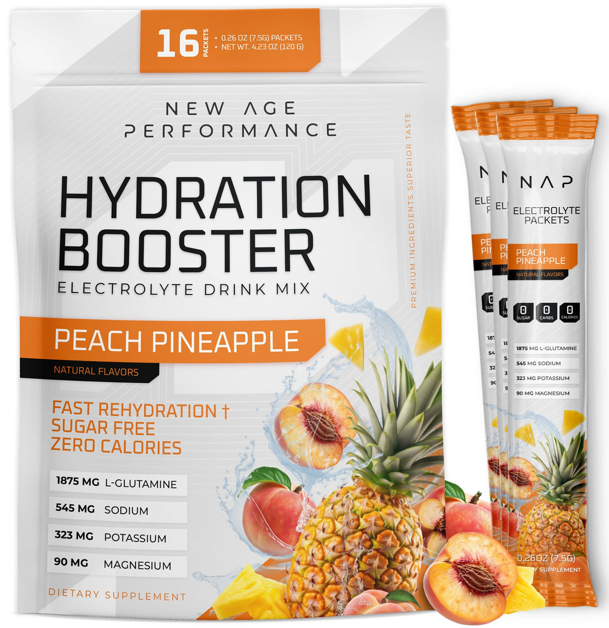 New Age Performance Hydration Packets packaging front shows ready-to-use electrolyte boost for workouts.
