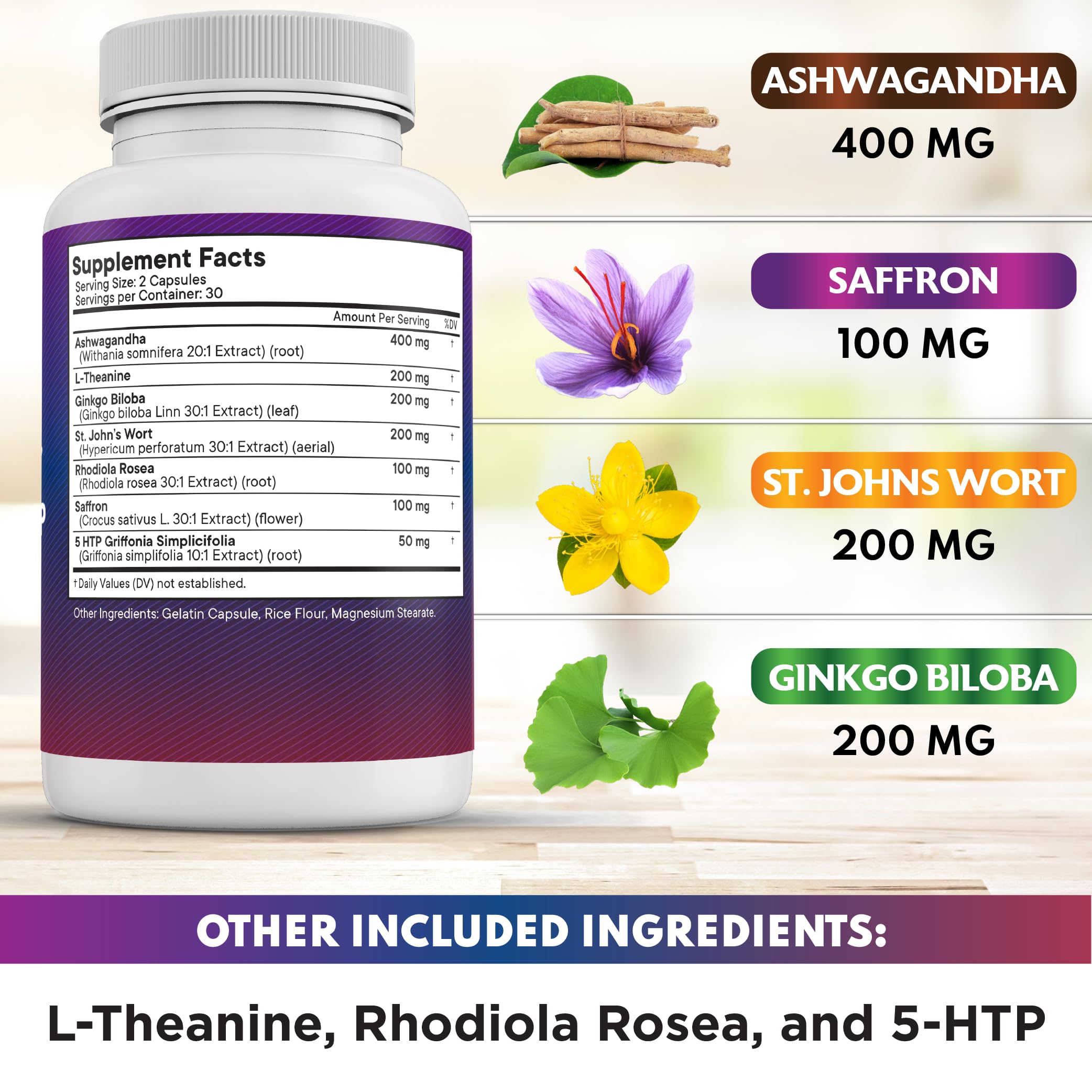 Illustration of Ashwagandha, Rhodiola Rosea and Ginkgo Biloba ingredients