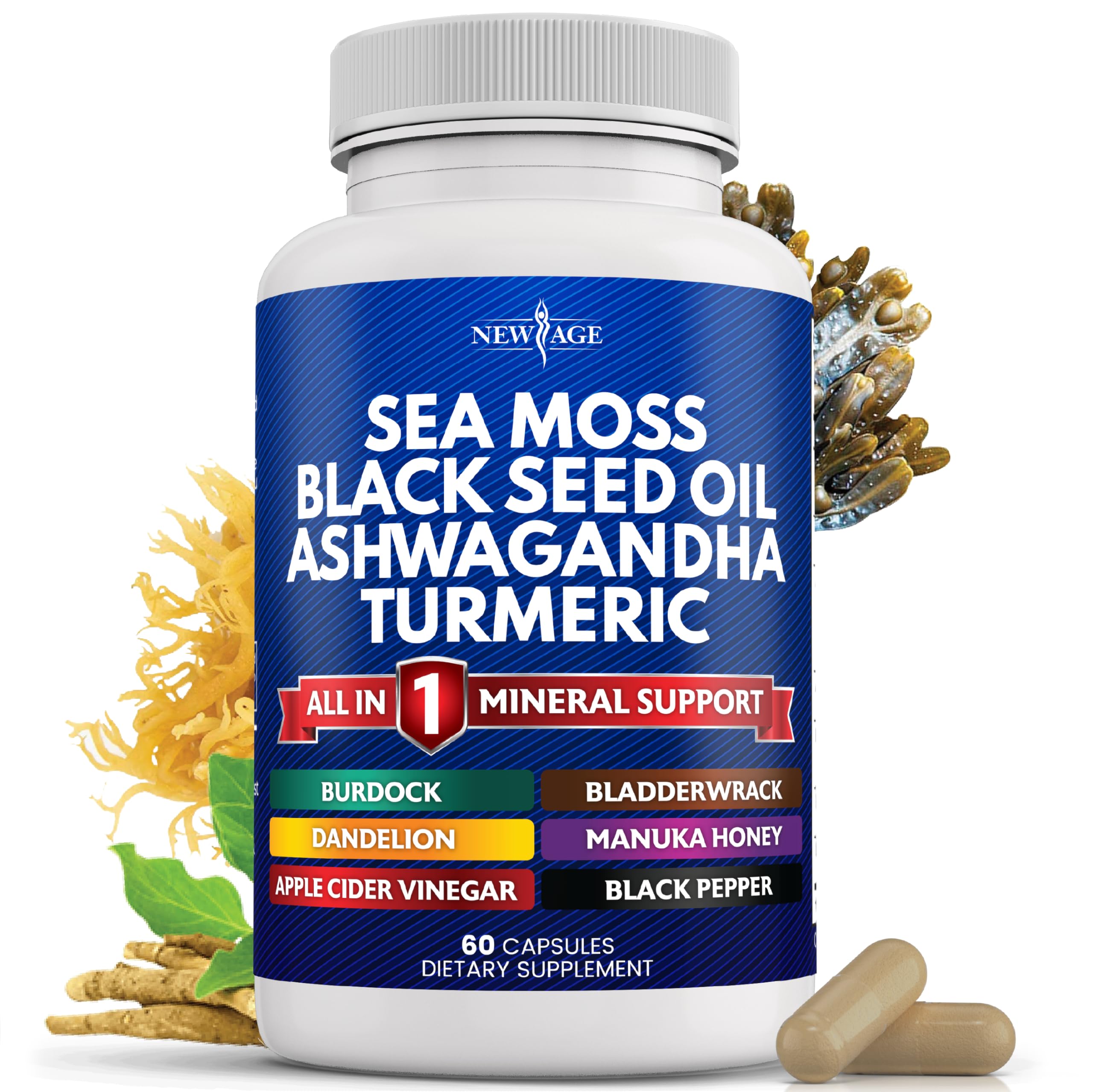 Bottle of New Age Sea Moss and Black Seed Oil with Ashwagandha and Turmeric
