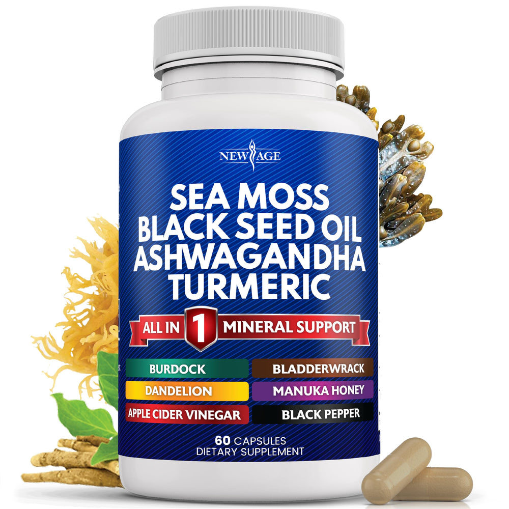 Bottle of New Age Sea Moss and Black Seed Oil with Ashwagandha and Turmeric