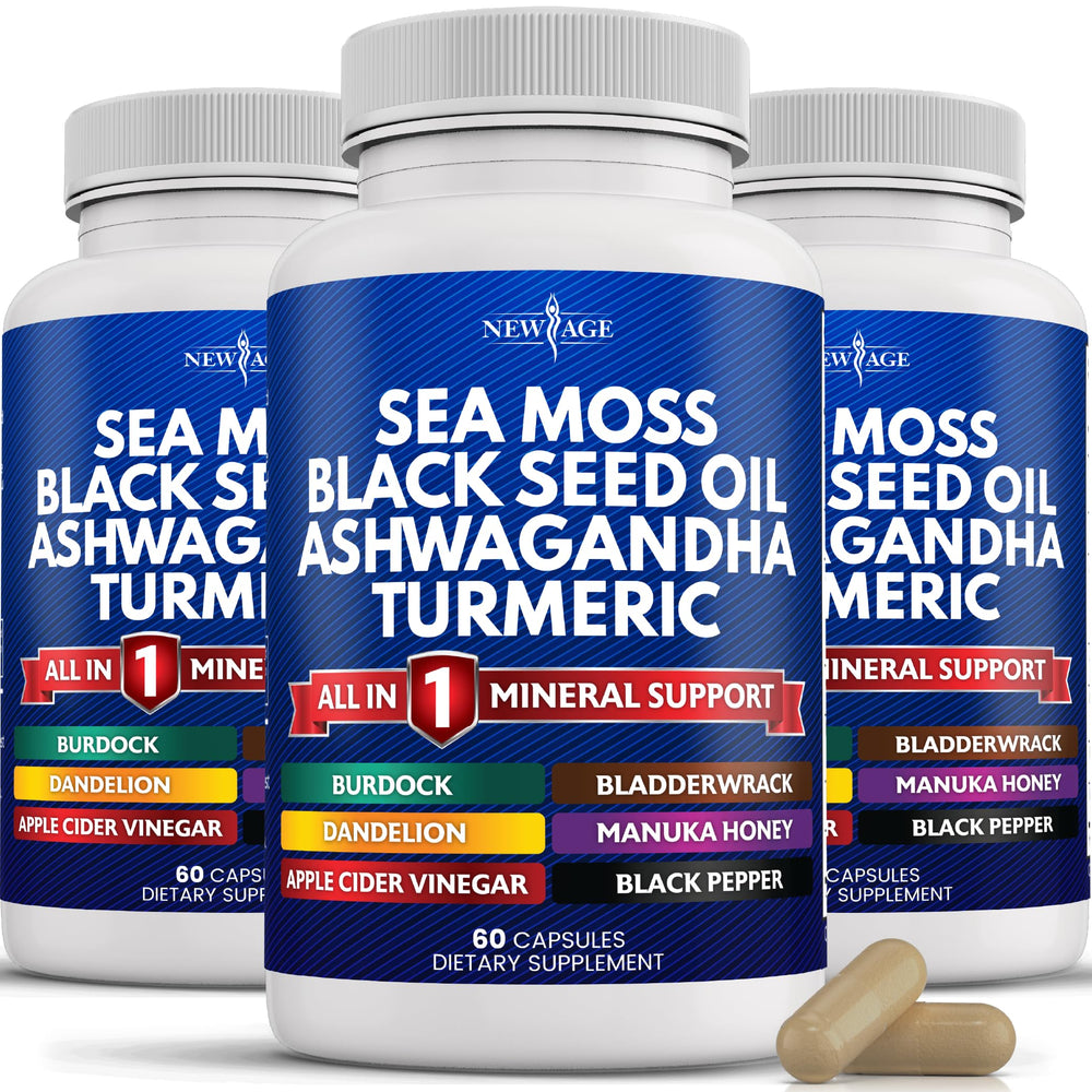 Front view of NEW AGE All-in-1 Sea Moss capsules bottle