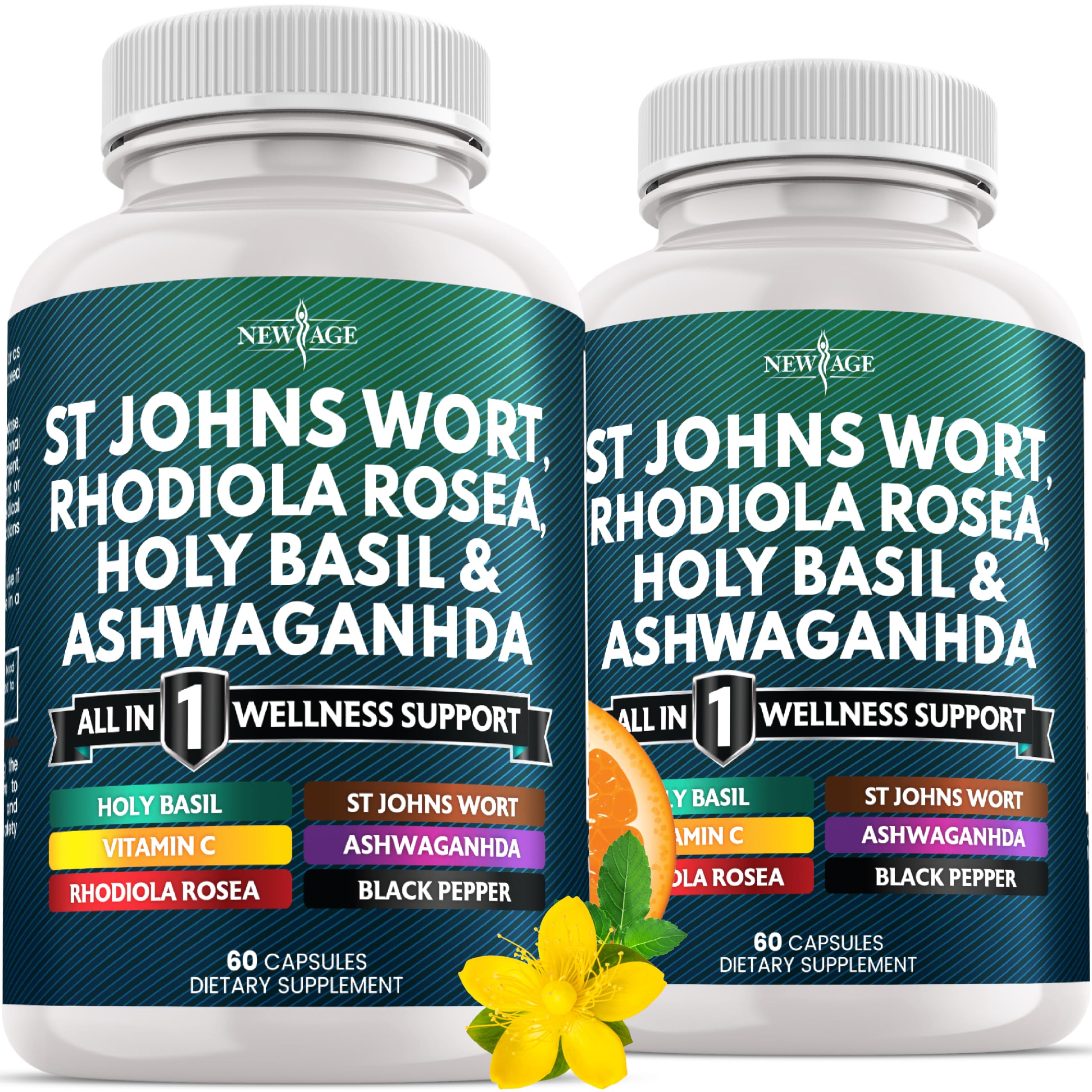 New Age St Johns Wort Rhodiola Ashwagandha Holy Basil Vitamin C Black Pepper bottle 120 count