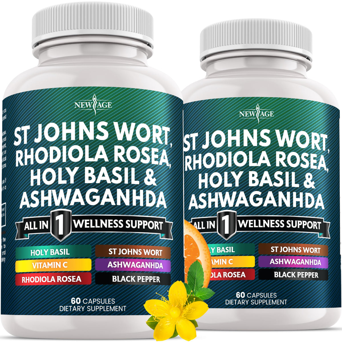 New Age St Johns Wort Rhodiola Ashwagandha Holy Basil Vitamin C Black Pepper bottle 120 count