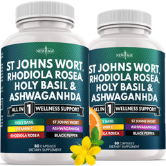 New Age St Johns Wort Rhodiola Ashwagandha Holy Basil Vitamin C Black Pepper bottle 120 count