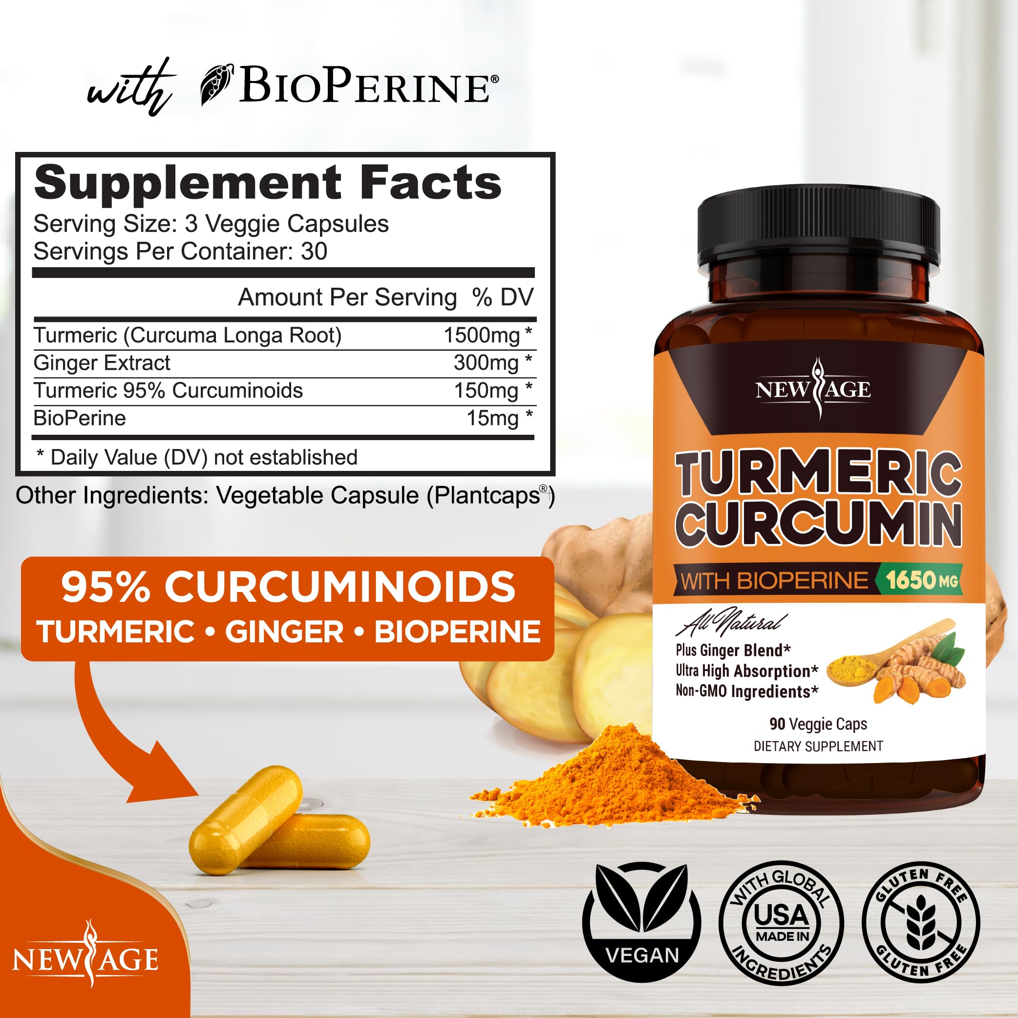 New Age Turmeric Curcumin Capsules bottle side view