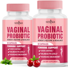 Front view of NEW AGE Vaginal Probiotics bottle and packaging